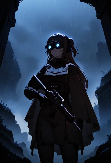Ngvison,Kaede-outfit3,standing,serious,black poncho,glowing,bloom,head strap,cloak,ruins,
face,night vision device,closed mouth,<lora:Ngvision-000007:1>,<lora:KaedeV3:1>,dark,chiaroscuro,low-key,
black bodysuit,dark,night,<lora:zavy-cntrst-sdxl:1.8>,headset,rain,
arm holster,bulletproof vest,coammunition pouch,strap,buckle,covered eyes,
cowboy shot,holding gun,assault rifle,from below,, cinematic light,masterpiece,best quality,very aesthetic,absurdres,incredibly absurdres,<lora:add_detail:1>,