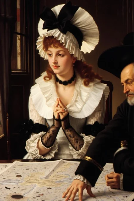 jati1 painting
A young woman with fair skin and curly, reddish-brown hair cascading down to her shoulders. She wears a voluminous, white, 18th-century style dress with intricate lace sleeves and a wide, white bonnet adorned with a large black bow. Her hands are clapped in fron of her. On the right sits an elderly man touching an open map lying on the table. <lora:jati1_cap_d6a3:1.0><lora:817317742542592995:0>