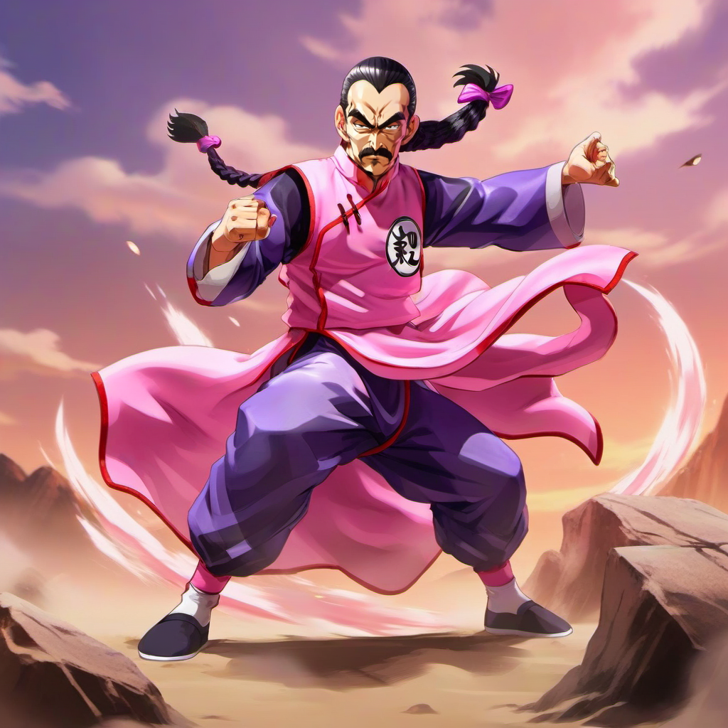 anime artwork full body portrait 1boy, mustache, solo, single braid, black hair, pink and purple chinese clothes, facial hair, fighting stance, pull out the Tang, beach, jungle<lora:TaoPaiPai1024:0.8> . anime style, key visual, vibrant, studio anime,  highly detailed