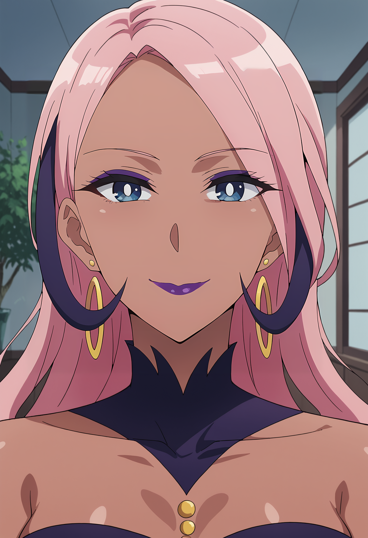 <lora:Kazuno-Tsuujou_Kougeki_ga_Zentai_Kougeki_de_Ni-kai_Kougeki_no_Okaasan_wa_Suki_desu_ka:0.8>,Kazuno,mature female,1girl,solo,earrings,lipstick,makeup,long hair,pink hair,dark skin,blue eyes,dress,choker,upper body,looking at viewer,indoors,smile