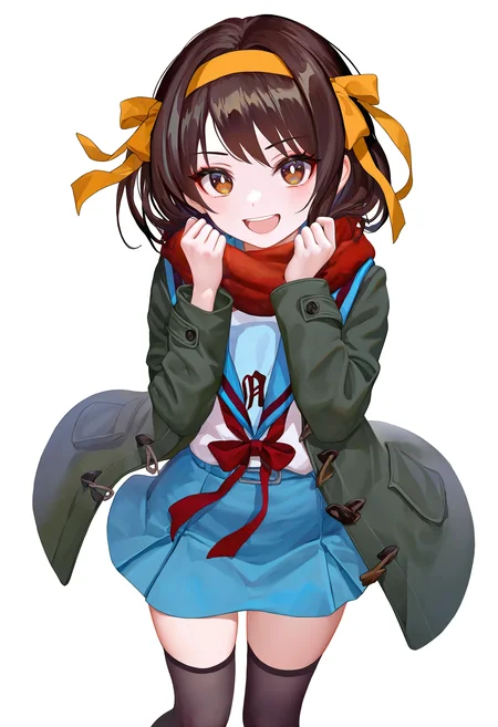 artist:torino aqua,[artist:asakuraf],[artist:fkey],[artist:ask{askzy}],[[artist:as109]],
1girl, kita high school uniform, winter uniform, solo, school uniform, suzumiya haruhi, skirt, brown hair, sailor collar, hairband, ribbon, blue skirt, blue sailor collar, scarf, serafuku, white background, thighhighs, brown eyes, yellow hairband, red ribbon, long sleeves, simple background, black thighhighs, looking at viewer, brown cardigan, open mouth, hair ribbon, coat, bright pupils, smile, yellow ribbon, cardigan, open clothes, white pupils, short hair, medium hair, green coat, blush, :d
highres,best quality,amazing quality,very aesthetic,absurdres,year 2023,