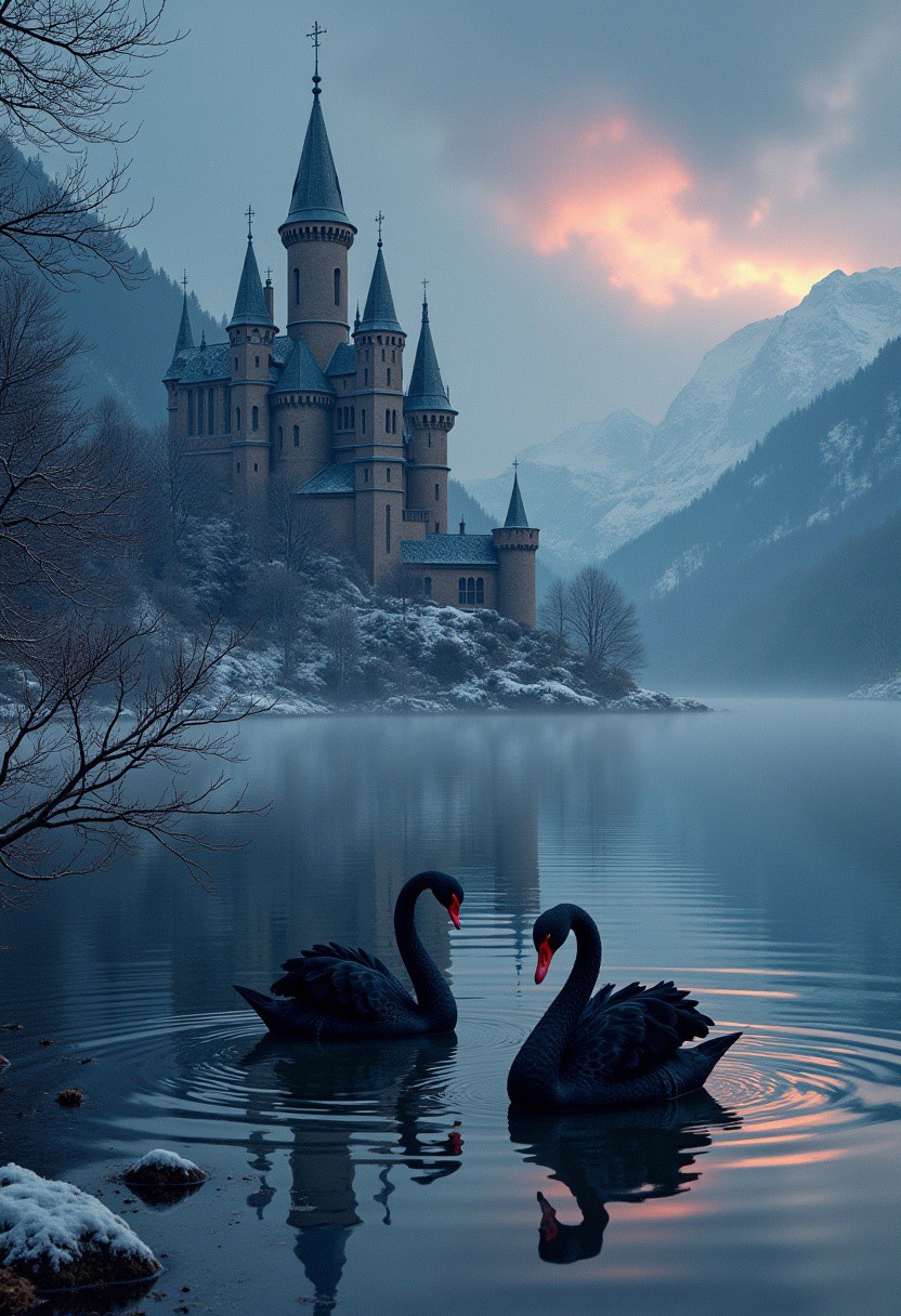 fantasy art, color, romantic, mystical, a castle on the shore of a freezing lake with a two black-red lady-swan swimming, fallen star, photo realism, professional photoshoot, high detailing, vivid colors, chiaroscuro lightining, ultra-sharp, perfection style