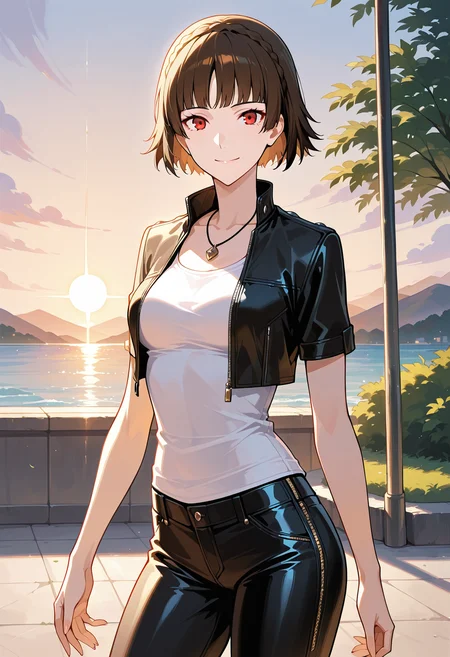 (masterwork, masterpiece, best quality, hyper-detailed :1.2)
1 girl, solo
p5makoto, niijima makoto, brown hair, blunt bangs, crown braid, red eyes,
p5makoto-strikers, necklace, short sleeves, cropped jacket, black leather jacket, open clothes, collarbone, white shirt, tank top, pendant, leather pants
outside, summer, park, sun, hot, treens, greenery, happy, smile, looking at viewer, cowboy shot,