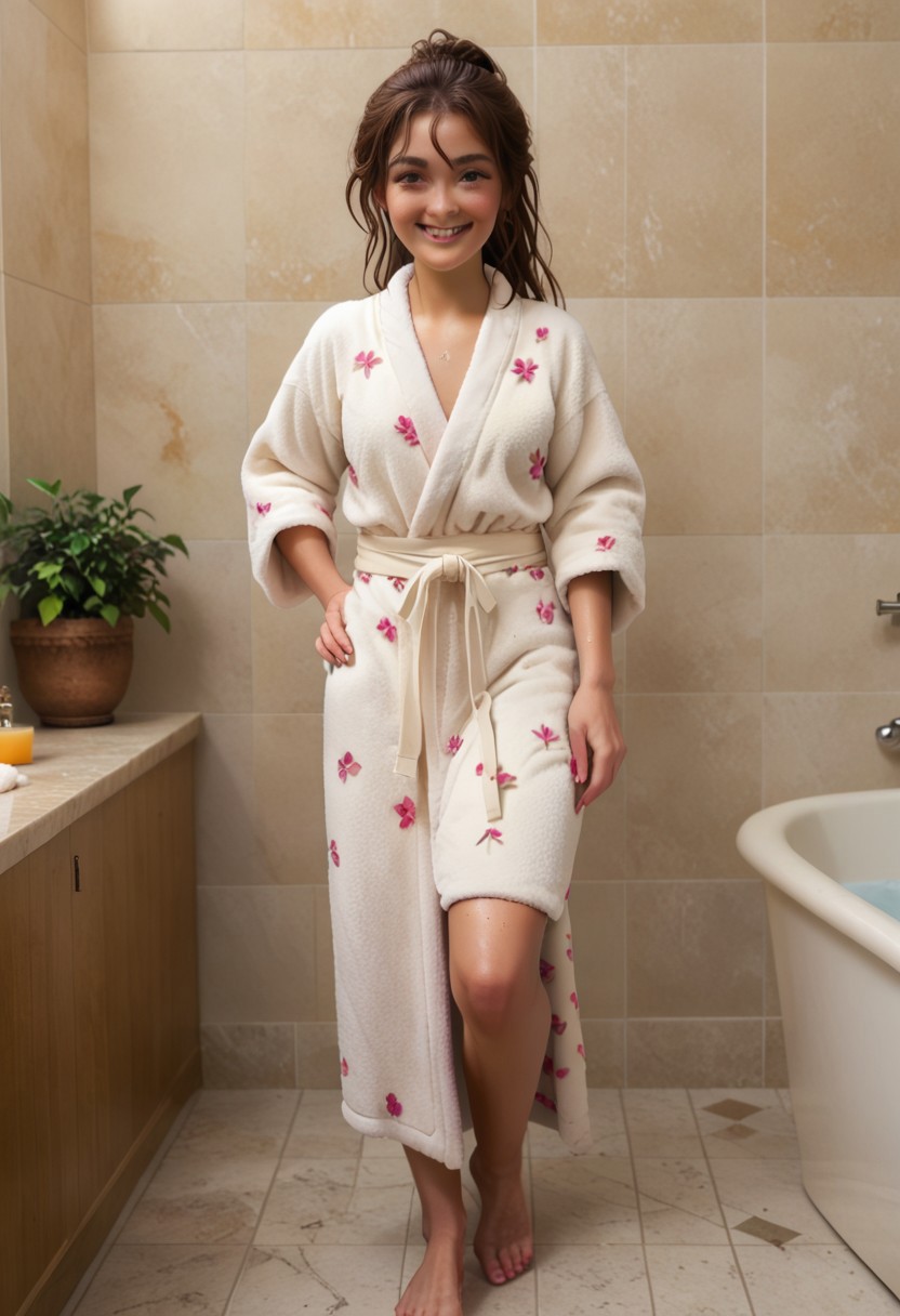 score_9, score_8_up, score_7_up, rating_explicit, HighRes, (master bathroom, vanity, vanity lights, garden tub, marble tiled floor, brightly lit, light yellow walls, white trim, white bath, towels, oval rug on floor), BREAK, 1girl, woman, rin_vispose, an anime girl, (20 years old), adult, adult face, solo, long hair, looking at viewer, brown hair, damp hair, bangs, hair between eyes, smile, teeth, freckles, small breasts,  brown eyes, (plain white terry cloth bathrobe: 1.5), tied at waist, (fully closed robe), (only wearing robe: 2.0), BREAK cute pose, hand on hip, sexy pose, weight on one leg, cute legs. small feet. looking at viewer, standing, (full body), semi-sideways, half-sideways, BREAK simple background, white background