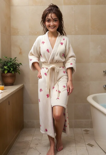 score_9, score_8_up, score_7_up, rating_explicit, HighRes, (master bathroom, vanity, vanity lights, garden tub, marble tiled floor, brightly lit, light yellow walls, white trim, white bath, towels, oval rug on floor), BREAK, 1girl, woman, rin_vispose, an anime girl, (20 years old), adult, adult face, solo, long hair, looking at viewer, brown hair, damp hair, bangs, hair between eyes, smile, teeth, freckles, small breasts,  brown eyes, (plain white terry cloth bathrobe: 1.5), tied at waist, (fully closed robe), (only wearing robe: 2.0), BREAK cute pose, hand on hip, sexy pose, weight on one leg, cute legs. small feet. looking at viewer, standing, (full body), semi-sideways, half-sideways, BREAK simple background, white background
