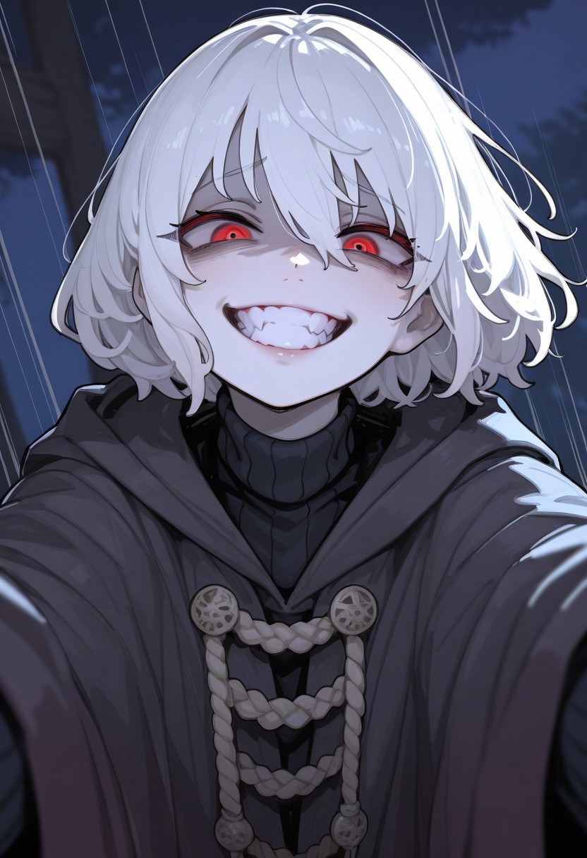 Masterwork, masterpiece, best quality,(very aesthetic:1.2), (absurdres:1.2), newest, ,incredibly absurdres, , amazing quality, very aesthetic, realistic, traditional media, , ,
(by unarsite :1.25), solo, selfie, masterpiece,best quality,absurdres,very aesthetic,highres, 1boy, teen, albino skin, white skin, red eyes, white hair, short hair, wavy hair, textured hair, cool mage robe, turtleneck, evil grin, crazy eyes, vivid eyes, dark theme,blurry background, night, 
, detailed background, detailed face, 
 , action pose, dynamic pose, ,  action lines, motion lines,  [:fantastical costume design,:0.2]
zPDXL3, detailxl, 
strong_ink_lines, sketchy_shading, heavy_blacks, blank_expression, sharp_shadowing, line_art_heavy, lineless, 
748cm_illu, 
,masterpiece, best quality, very aesthetic,
UjVL,
 <lora:748cm_illu:0.4
<lora:KafunXLP_style:0.4> <lora:Poper:0.4>