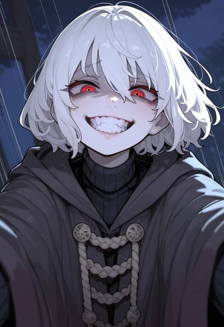 Masterwork, masterpiece, best quality,(very aesthetic:1.2), (absurdres:1.2), newest, ,incredibly absurdres, , amazing quality, very aesthetic, realistic, traditional media, , ,
(by unarsite :1.25), solo, selfie, masterpiece,best quality,absurdres,very aesthetic,highres, 1boy, teen, albino skin, white skin, red eyes, white hair, short hair, wavy hair, textured hair, cool mage robe, turtleneck, evil grin, crazy eyes, vivid eyes, dark theme,blurry background, night, 
, detailed background, detailed face, 
 , action pose, dynamic pose, ,  action lines, motion lines,  [:fantastical costume design,:0.2]
zPDXL3, detailxl, 
strong_ink_lines, sketchy_shading, heavy_blacks, blank_expression, sharp_shadowing, line_art_heavy, lineless, 
748cm_illu, 
,masterpiece, best quality, very aesthetic,
UjVL,
 <lora:748cm_illu:0.4
<lora:KafunXLP_style:0.4> <lora:Poper:0.4>