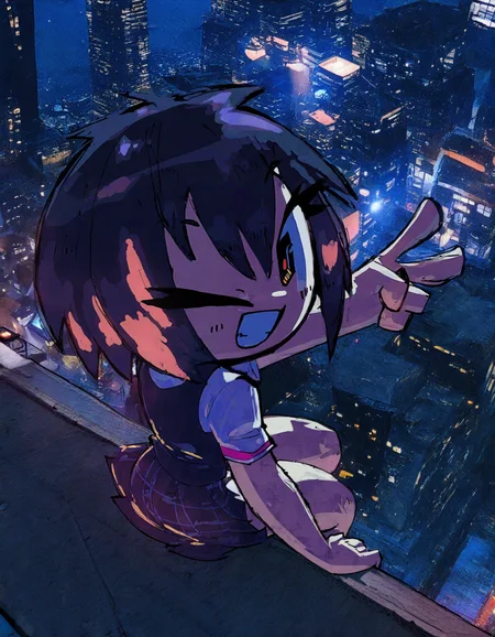 StyleBirdBlitz,(masterpiece,very awa,absurdres), chibi,
outdoors, 1girl, (Peni Parker:1.1), school uniform, city, night, night lights, high up, rooftop, from above, from behind, sitting, peace sign, grin, wink, sclera, hand up, photo background