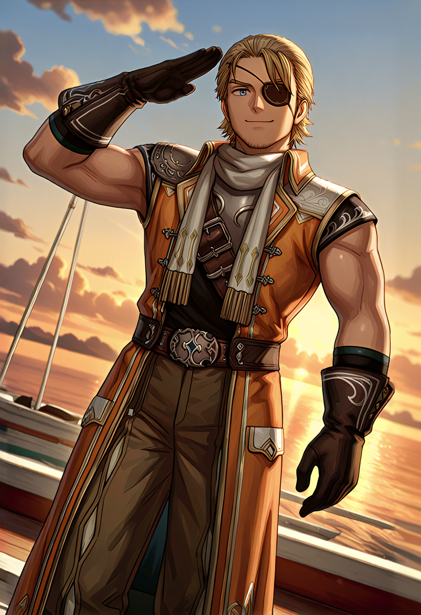 <lora:Corsair_Romancing_Saga_2_Revenge_of_the_Seven:1>,
<lora:noobai_vpred_1_aqm_complete_v3:1>,
<lora:NOOB_vp1_detailer_by_volnovik_v1:1> masterpiece, best quality, newest, absurdres, anime screencap, intricate details, good quality, very awa, highres, perfect proportions, perfect eyes, amazing quality, very aesthetic, crsr_rs2, blue_crsr_eyes, blonde_crsr_hair, muscular male, mature male, 1boy, solo, male focus, anime coloring, crsr_alt2, solo, standing, smile, looking at viewer, salute, biceps,  outdoors, sky, clouds, sea, boat, golden hour, dusk, afternoon, sunset, eyepatch, shadow, dutch angle,  dynamic action, intricate lighting, intricately detailed illustration, depth of field,