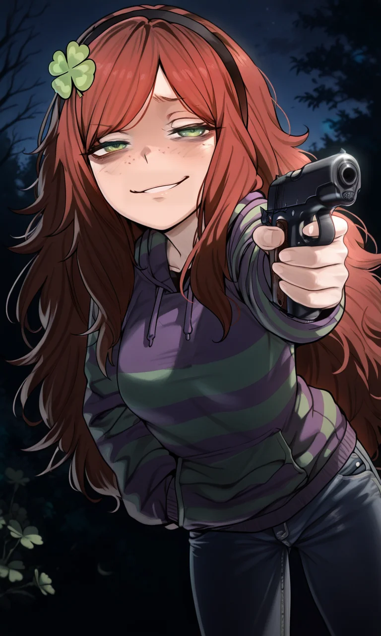 embedding:IllusP0s, m1911a1, handgun, aiming, ViviJa, green eyes, red hair, very long hair, messy hair, asymmetrical bangs, parted bangs, sidelocks, freckles, bags under eyes, smirk, smug, black shirt, striped hoodie, green hoodie, purple hoodie, hood down, jeans, blue jeans, outdoors, night, hairband, four-leaf clover hair ornament, four-leaf clover<lora:m1911a1_ill.safetensors:1.0:1.0> <lora:IL_Vivian_James_Afterlife_Empire-000012.safetensors:1:1>