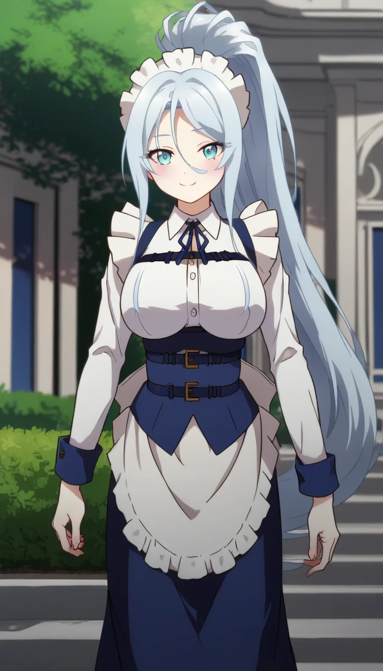 score_9,score_8_up,masterpiece,best quality,correct anatomy,anime_source,1girl,solo,perfect eyes,perfect arms,perfect legs,perfect face,outdoors,upper body,(portrait:1.5),looking at viewer,facing viewer,smile,blush,Sylpha Langlis,maid headdress,very long hair,white hair,high ponytail,sidelocks,hair between eyes,bangs,blue eyes,blue dress,frilled dress,long dress,white shirt,collared shirt,neck ribbon,blue ribbon,long sleeves,blue corset,belt,large breasts,underbust,maid apron,waist apron,frilled apron,white apron,frilled skirt,cross-laced footwear,blue footwear,<lora:Sylpha Langlis(tsdnod)-Pony:1.6>,