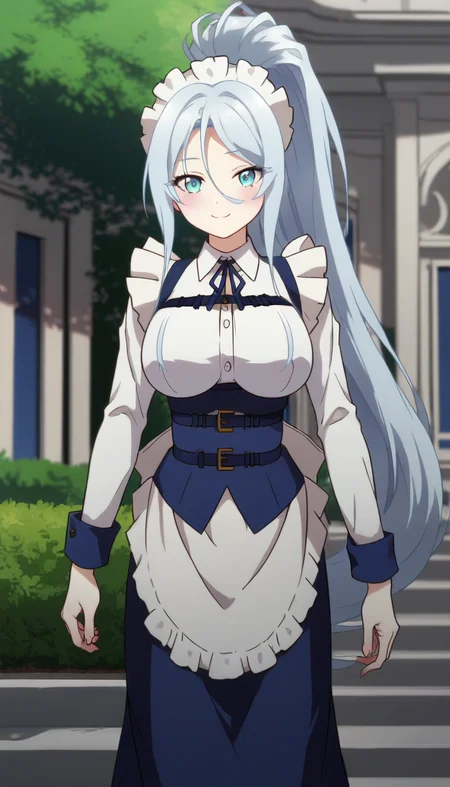 score_9,score_8_up,masterpiece,best quality,correct anatomy,anime_source,1girl,solo,perfect eyes,perfect arms,perfect legs,perfect face,outdoors,upper body,(portrait:1.5),looking at viewer,facing viewer,smile,blush,Sylpha Langlis,maid headdress,very long hair,white hair,high ponytail,sidelocks,hair between eyes,bangs,blue eyes,blue dress,frilled dress,long dress,white shirt,collared shirt,neck ribbon,blue ribbon,long sleeves,blue corset,belt,large breasts,underbust,maid apron,waist apron,frilled apron,white apron,frilled skirt,cross-laced footwear,blue footwear,<lora:Sylpha Langlis(tsdnod)-Pony:1.6>,