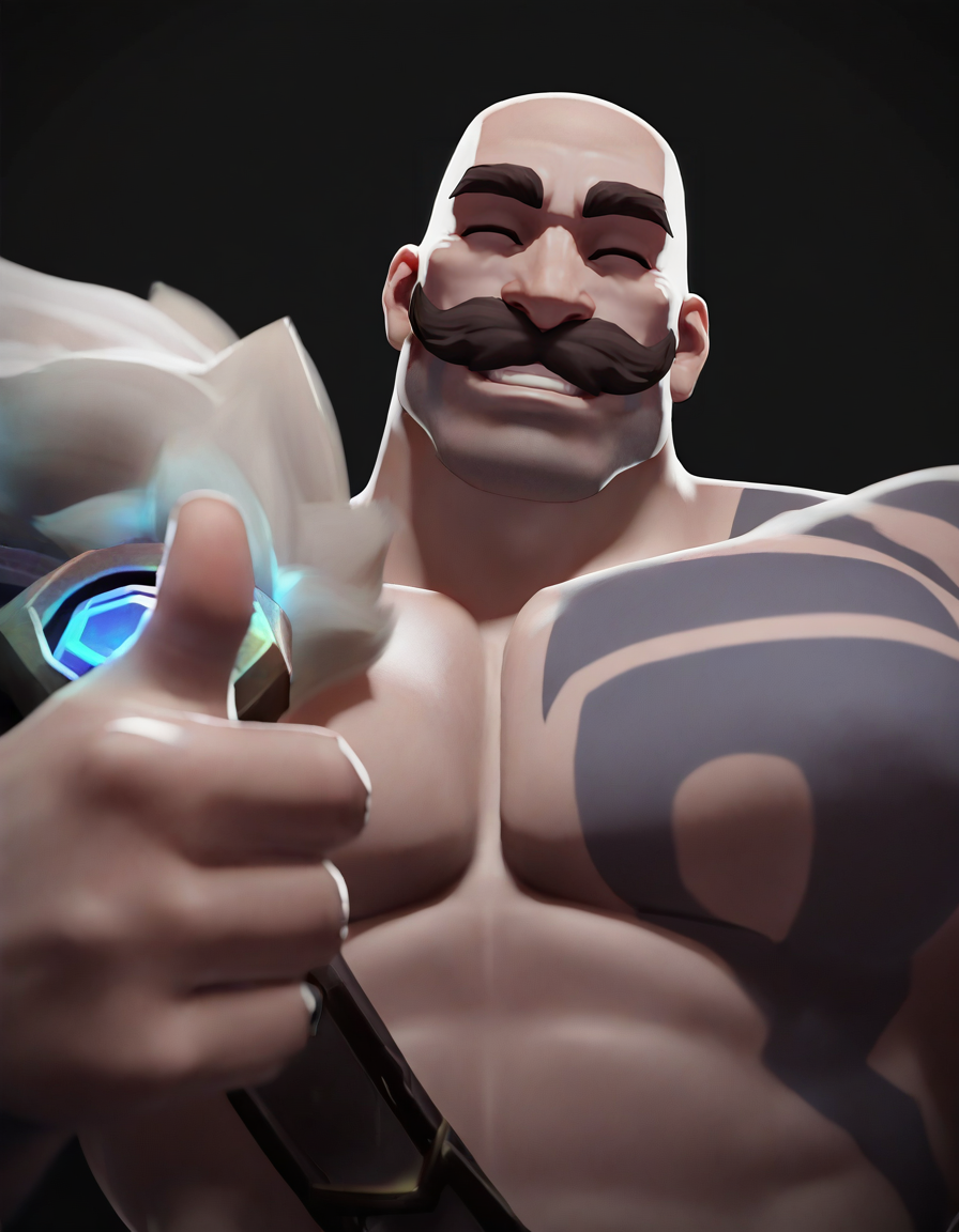 (masterpiece, best quality, very awa:1.1), 1boy, solo, braum, large pectorals,broad shoulders, mustache, stubble,massive manly mature male, blue body tattoo, fur-trimmed single shoulder pad, bare pectorals, upper body, ^ ^, furrowed brow, grin,thumbs up, black background, cel rendering,3d, <lora:Braum_League_of_Legends_IL:1>