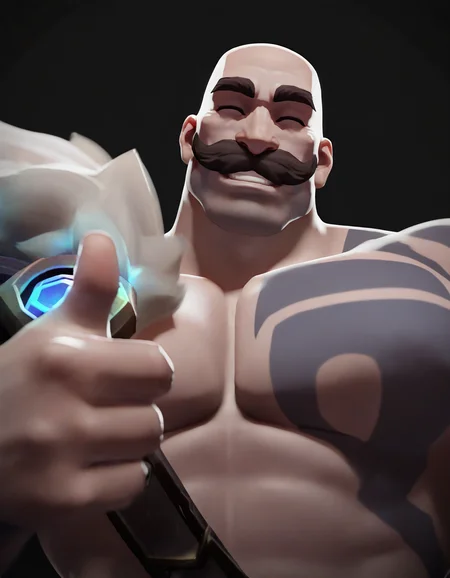 (masterpiece, best quality, very awa:1.1), 1boy, solo, braum, large pectorals,broad shoulders, mustache, stubble,massive manly mature male, blue body tattoo, fur-trimmed single shoulder pad, bare pectorals, upper body, ^ ^, furrowed brow, grin,thumbs up, black background, cel rendering,3d, <lora:Braum_League_of_Legends_IL:1>