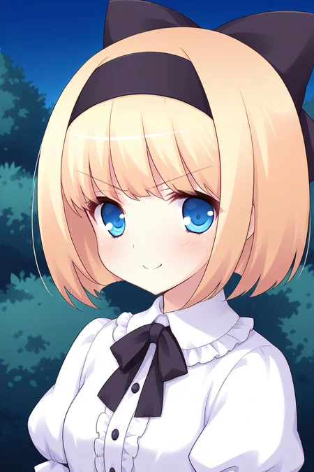 masterpiece, best quality, absurdres, official art, official style, rating general BREAK,
<lora:iriswindsor_IL_v1-2:0.7>, iris windsor, 1girl, solo, blue eyes, eyelashes, blonde hair, short hair, blunt bangs, bob cut, small breasts, petite, flat chest, hair bow, black hairband, black bow, casual, frilled dress, white collar, frilled collar, white shirt, dress shirt, center frills, red ascot, buttons, juliet sleeves, pink corset, cross-laced corset, portrait, close-up, outdoors,
blush, closed mouth, >:, doyagao, looking at viewer, smile, v-shaped eyebrows