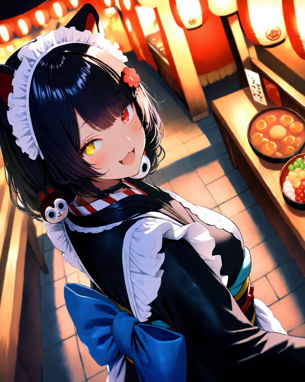 InuiToko,
1girl, solo, dutch angle, from above, upper body,
long hair, black hair, 
maid headdress, animal ears,
yellow eyes, heterochromia, red eyes, 
low twintails, hair flower,
dog hair ornament,
happy, dating, looking back,
black kimono, large breasts,
maid apron, long sleeves, reaching,
obi, back bow, blue bow,
night, summer festival, food stand, omatsuri, 
<lora:kp_InuiTokoAnimagineXL_v1_0:1.0>,
BREAK
masterpiece, best quality, absurdres, 
ultra-detailed, realistic, moody lighting,
detailed eyes, depth of field,