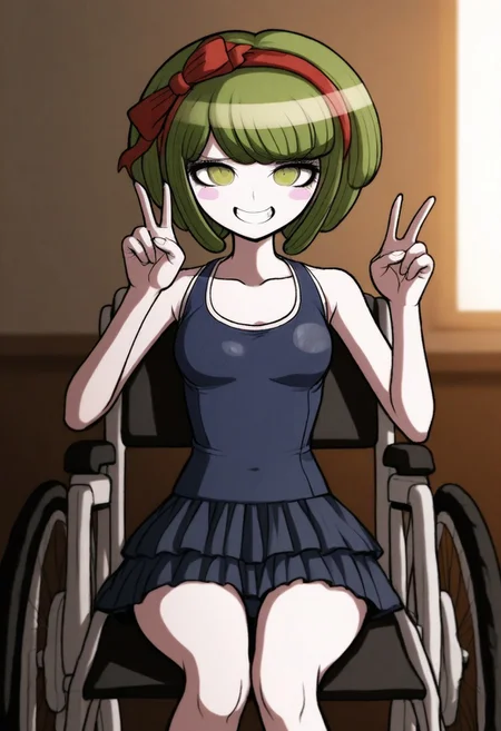 masterpiece,best quality,amazing quality,anime coloring,indoors,bedroom, warm light, 
<lora:Monaca_Towa_Danganronpa_illustrious:0.8>,monaca,green hair,green eyes,short hair,bangs,red hairband,hairband,blush stickers,wheelchair,sitting,
bare shoulders,skirt,blue one-piece swimsuit,swimsuit skirt,peace sign, grin, solo, smug,