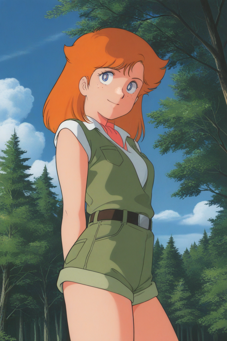 masterpiece, best quality, source_anime,official art,perfect_anatomy,1990s_\(style\),retro_artstyle, 1girl,Doris,blue_eyes,Freckles,orange_hair,long_hair,green_dress,shorts,(beautiful detailed face,looking_at_viewer,smile),cowboy shot,thighs,hip,from side,day,forest,blue_sky,cloud