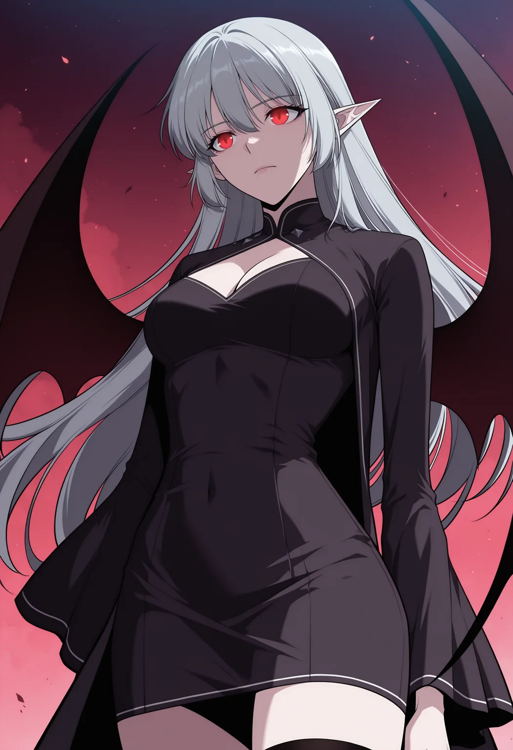 masterpiece,best quality,1girl,red eyes,devil_eyes,long hair,grey hair,hair between eyes,pointy ears,flowing hair,medium breast,cleavage,VampireDZ1,black dress,pencil dress,high collar,collared dress,cut-out dress,open back,white trim,black robe,long sleeves,flowing sleeves,flared cuffs,bat wings,demon wings,red lining,thigh-highs,garter straps,
anime screencap,anime coloring,<lora:AliceF7:1>,<lora:anime_screencap-IllustriousV2:0.7>,
standing with an ancient, commanding pose, her form silhouetted against the vast, crumbling spires of a gothic ruin. Her intense, glowing eyes pierce the ethereal moonlight, revealing a hint of ancient power and sorrow. Wisps of mist swirl around her, adding to the profound mystery of the desolate landscape