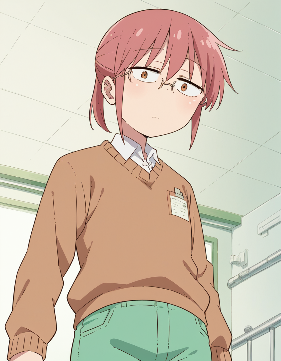 score_9, score_8_up, score_7_up, source_anime, <lora:dragon-kobayashi-s2-ponyxl-lora-nochekaiser:1>, kobayashi, ponytail, pink hair, glasses, short hair, brown eyes,, shirt, long sleeves, white shirt, collared shirt, pants, sweater, brown sweater, green pants,, hospital room, bedside, get well flowers, comforting, quiet, , looking at viewer, from below, solo,, dutch angle,