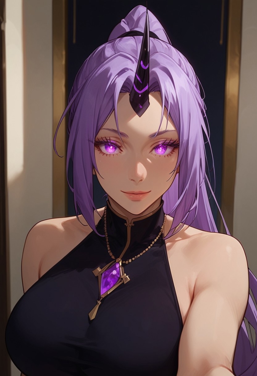 masterpiece,best quality, highly detailed, score_9, score_8_up, score_7_up, score_6_up, score_5_up, score_4_up, Expressiveh, girl, shion high ponytail, long hair, purple hair, purple eyes, parted bangs, single horn, straight bangs, ponytail, dark purple eyes, glowing eyes, huge breasts, selfie, beautiful face, provocative smile,