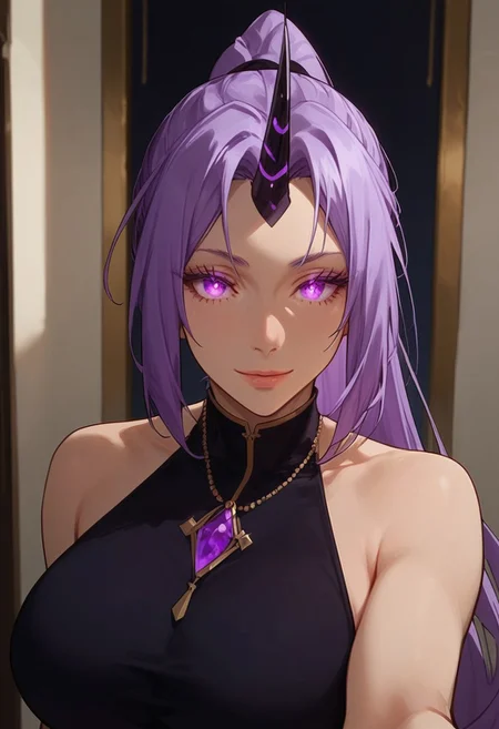 masterpiece,best quality, highly detailed, score_9, score_8_up, score_7_up, score_6_up, score_5_up, score_4_up, Expressiveh, girl, shion high ponytail, long hair, purple hair, purple eyes, parted bangs, single horn, straight bangs, ponytail, dark purple eyes, glowing eyes, huge breasts, selfie, beautiful face, provocative smile,