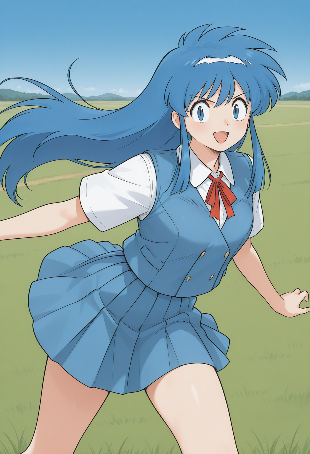 okinu-chan, blue eyes, blue hair, sidelocks, long hair, school uniform, blue vest, collared shirt, short sleeves, pleated skirt, blue skirt, <lora:gs_okinu-chan_illustrious_ver2:0.8> 
smile, open mouth,, masterpiece, best quality, sensitive,, 1girl, solo, blue sky, (grasslands:1.2), looking at viewer,, (dynamic pose:1.4), (upside-down:-1),