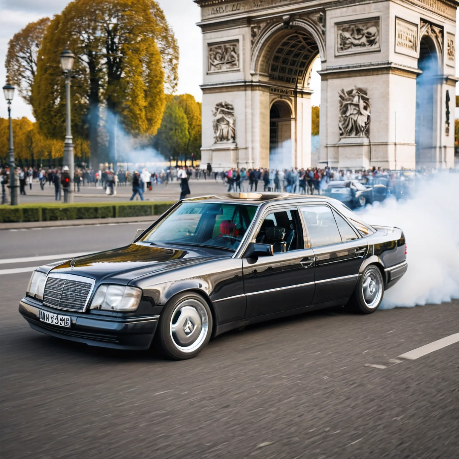 photography of a (black) mercedes W124, gleaming, drifting, doing a smoky burnout, at the arc de triomphe in paris, reflections, driving fast<lora:wx124sdxl:1>