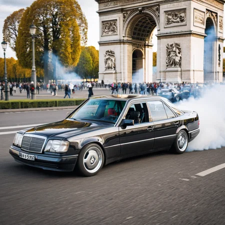 photography of a (black) mercedes W124, gleaming, drifting, doing a smoky burnout, at the arc de triomphe in paris, reflections, driving fast<lora:wx124sdxl:1>