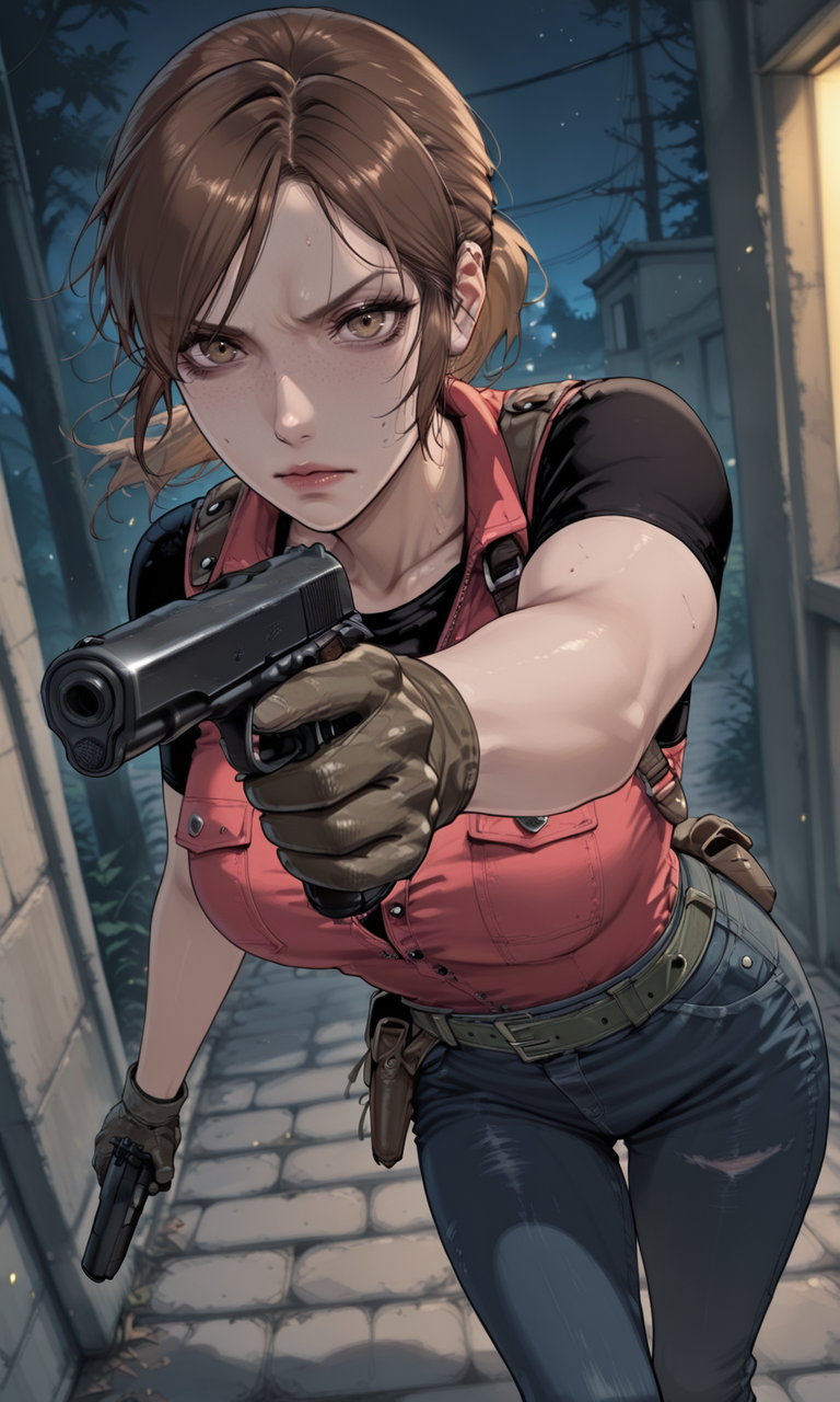 embedding:IllusP0s, artist:fluxc0m1c, m1911a1, holding, handgun, muzzle perspective, claire redfield_\(resident evil\), dynamic pose, shooting pose, determined, dynamic angle, outdoors, night, 1girl, solo, embedding:Smooth Quality, embedding:IllustriousQual,<lora:m1911a1_ill.safetensors:1.0:1.0> <lora:artist_fluxc0m1c_ill_v2.safetensors:0.45:0.45>