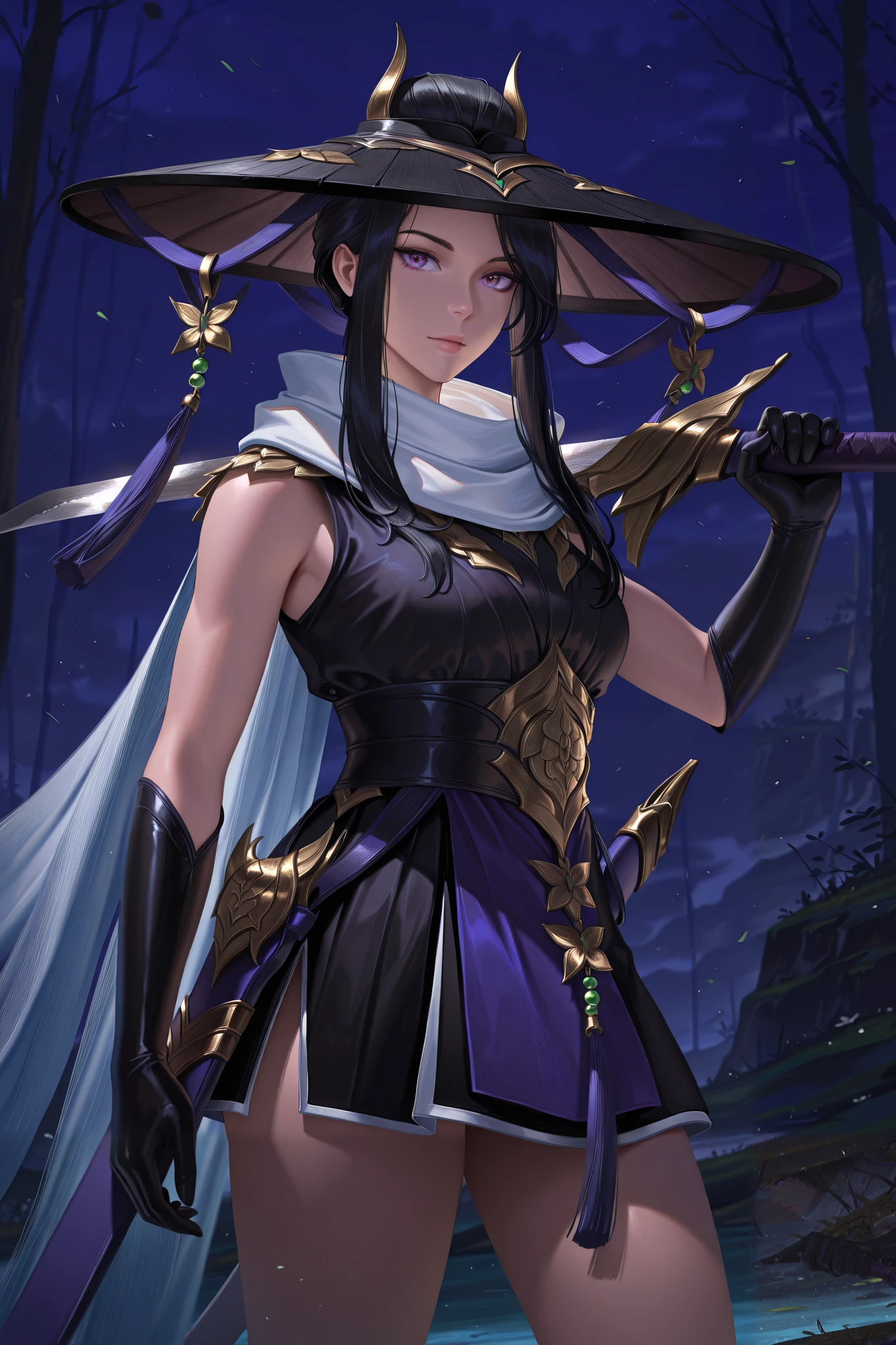 masterpiece, best quality, ultra-detailed, absurdres, newest, semirealistic,cinematic,fannyskylark, black hair, sidelocks, purple eyes, kasa hat, elbow gloves, dress, white scarf, scabbard, cowboy shot, looking at viewer, holding sword on shoulder