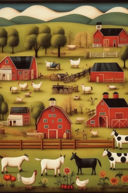 <lora:Folk Art:1>Folk Art - farm scene in the country folk art style please