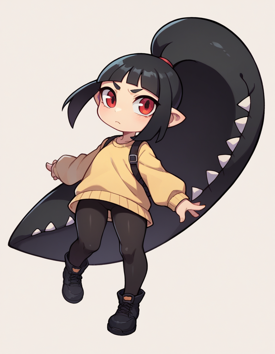 zPDXL, score_9, score_8_up, score_7_up, source_anime, (1girl, solo), 
black leggings, black shoes, simple backgrond, <lora:Gijinka Mawile v1:0.6> mawile, black hair, blunt bangs, ponytail, red eyes, shortstack