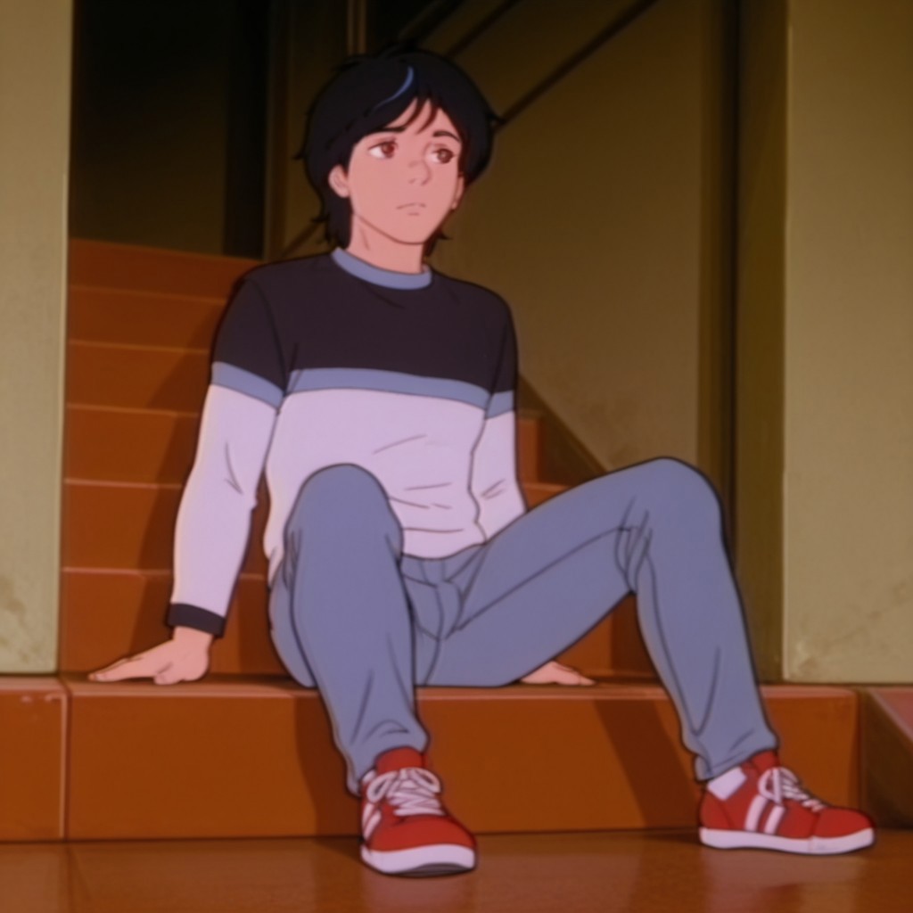 masterpiece, best quality, amazing quality, DavidDsil, human, male, black hair, blue highlight, brown eyes, , striped shirt, long sleeves, blue jeans, red and white shoes, sitting, inside, 1boy, solo,