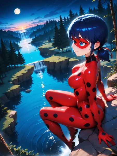 masterpiece,hyper-Detailed, best quality, amazing quality, solo, 19 years old, imtdladybugillus, 1girl, from side, sitting, sitting on the edge of a cliff, beautiful landscape, looking at the landscape, smile, closeth mouth, legs in the air, arms at the sides, hands supported, waterfall in the background, forest in the background, beautiful sunset, looking from above, lake, lake under the waterfall, bodysuit, smile, closed mouth, blush, mask, domino mask, twintails, polka dot, blue eyes, superhero, blue hair, hair ribbon, short twintails, low twintails, skin tight, medium breast, night, moon, sky background, in height
