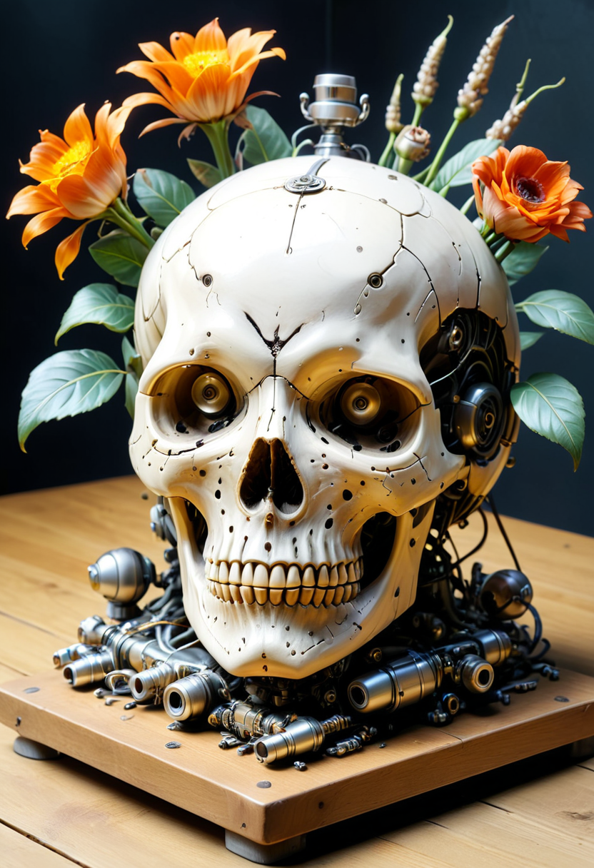 A detailed still life of a skull made of bone and cybertronic elements, resting on a wooden table with flowers in a vase, hyperrealistic, mobe-cybideen,