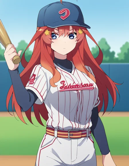 score_9, score_8_up, score_7_up, source_anime, <lora:itsuki-nakano-s2-ponyxl-lora-nochekaiser:1>, itsuki nakano, bangs, long hair, blue eyes, hair between eyes, ahoge, red hair, star (symbol), hair ornament, star hair ornament, large breasts, <lora:baseball-uniform-ponyxl-lora-nochekaiser:1> baseball uniform, baseball, striped belt, shirt under shirt, sportswear, ribbed shirt, baseball helmet, baseball bat, baseball jersey, baseball field, holding baseball bat,, , cowboy shot,