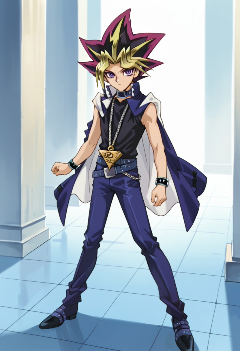 score_9, score_8_up, score_7_up, score_6_up, highly detailed,Good Colors, Good Shading, Good Eyes, Contrast Shading, male focus, alone, Yami Yugi, spiked hair,black hair, blonde hair, multicolored hair, purple eyes, choker, chain necklace, millennium puzzle, black sleeveless shirt, blue jacket, jacket on shoulders, bracelets, belt, blue pants, black shoes, museum