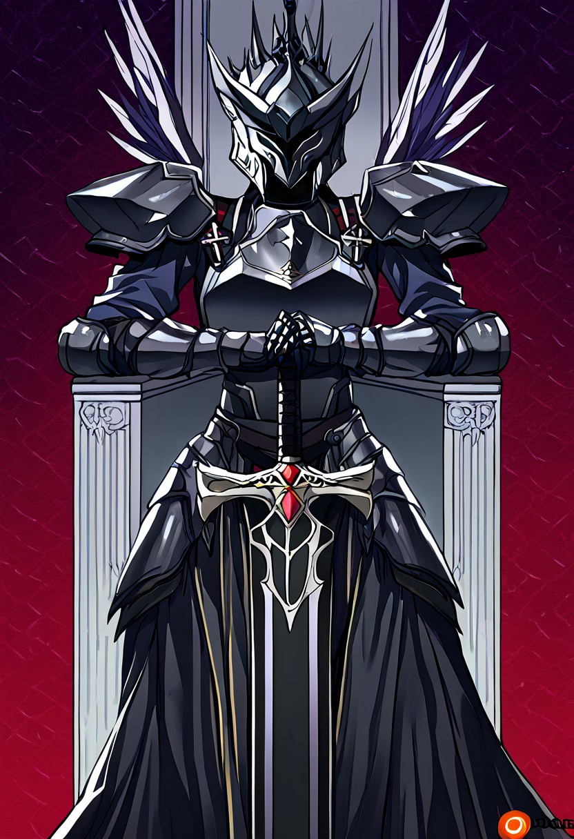 score_9, score_8_up, score_7_up, source_anime, BREAK, easynegative, FastNegativeV2, EasyNegativeV2, almualim, 1male, solo, young, anime, mature, young, adult, BODY, SLIM WAIST, SOLO, legs, body mature, and adult, legs
1boy,
DARK GRAY ARMOR, FULL COLOR,
Black armor, full black armor, Dragon head on helmet, Dark blue cape behind his back. Cape , Red Gems on forehead
Blue Dark, seating on the throne, Mask fix, helmet fix, no mutant, perfect, Black helmet, two wings on helmet, fix helmet, perfect, hidden face, 
medium hilt sword, both hands grip the hilt sword
Hand
detailed
perfect
perfection
hands
arm0rs3nt1n3l, flat crusader helmet, knight
Faceless, face covered, back stands and seat on the throne, both-hand-hilt, planted sword, hands on hilt, holding sword, Black sword, long sword,
Black Knight, helmet, gauntlets, black plate armor, sword, black two wings of eagle on helmet, shoulder armor, Black battle uniform,  cross, black shouders amor, black waist plate armor, black long skirt, black flat breastplate armor, thighthight, legs, skirt battle armor, waist armor, plate armor, Blue battle uniform cloths, dragon scales armor, dragon head helmet forehead