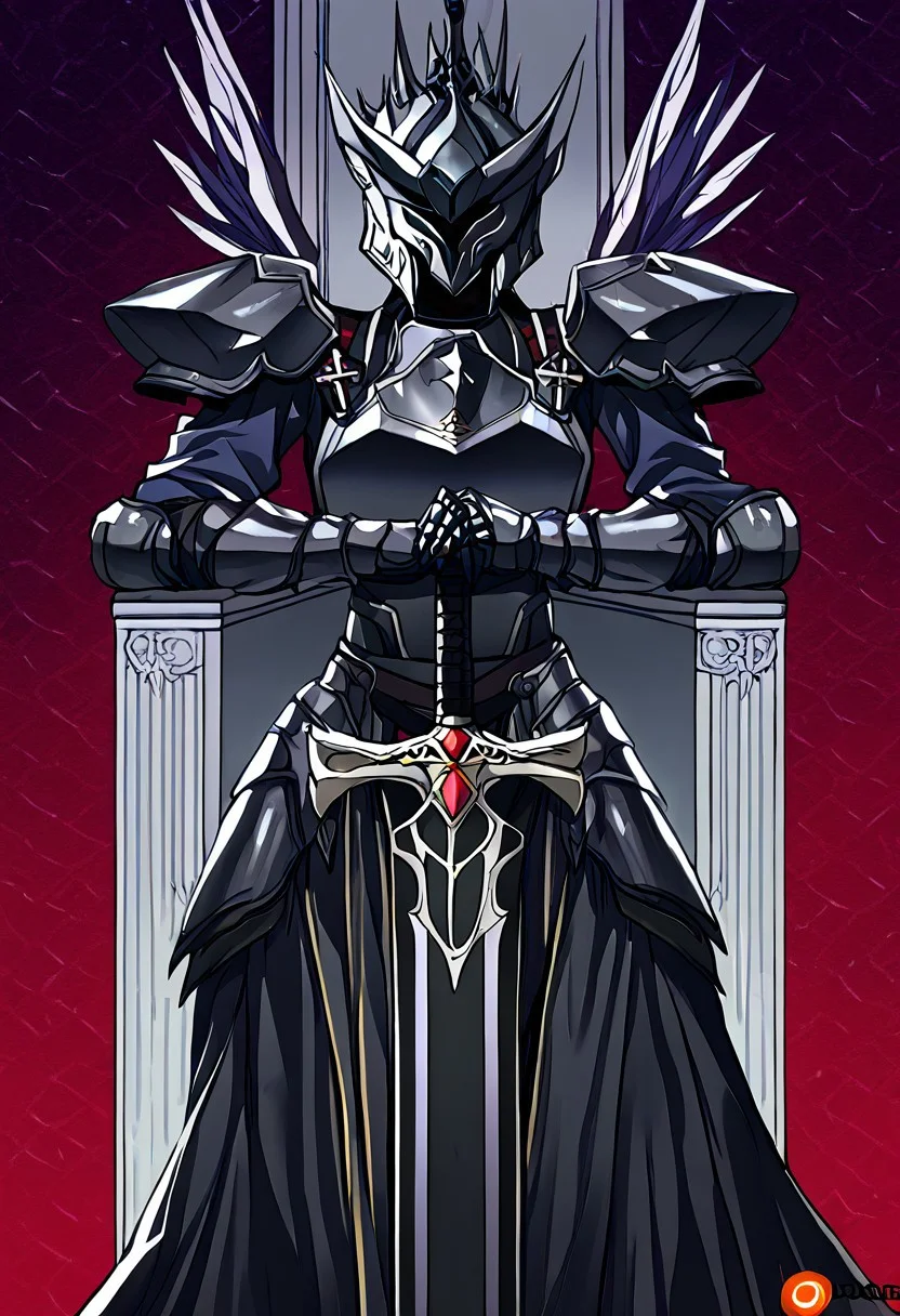 score_9, score_8_up, score_7_up, source_anime, BREAK, easynegative, FastNegativeV2, EasyNegativeV2, almualim, 1male, solo, young, anime, mature, young, adult, BODY, SLIM WAIST, SOLO, legs, body mature, and adult, legs
1boy,
DARK GRAY ARMOR, FULL COLOR,
Black armor, full black armor, Dragon head on helmet, Dark blue cape behind his back. Cape , Red Gems on forehead
Blue Dark, seating on the throne, Mask fix, helmet fix, no mutant, perfect, Black helmet, two wings on helmet, fix helmet, perfect, hidden face, 
medium hilt sword, both hands grip the hilt sword
Hand
detailed
perfect
perfection
hands
arm0rs3nt1n3l, flat crusader helmet, knight
Faceless, face covered, back stands and seat on the throne, both-hand-hilt, planted sword, hands on hilt, holding sword, Black sword, long sword,
Black Knight, helmet, gauntlets, black plate armor, sword, black two wings of eagle on helmet, shoulder armor, Black battle uniform,  cross, black shouders amor, black waist plate armor, black long skirt, black flat breastplate armor, thighthight, legs, skirt battle armor, waist armor, plate armor, Blue battle uniform cloths, dragon scales armor, dragon head helmet forehead