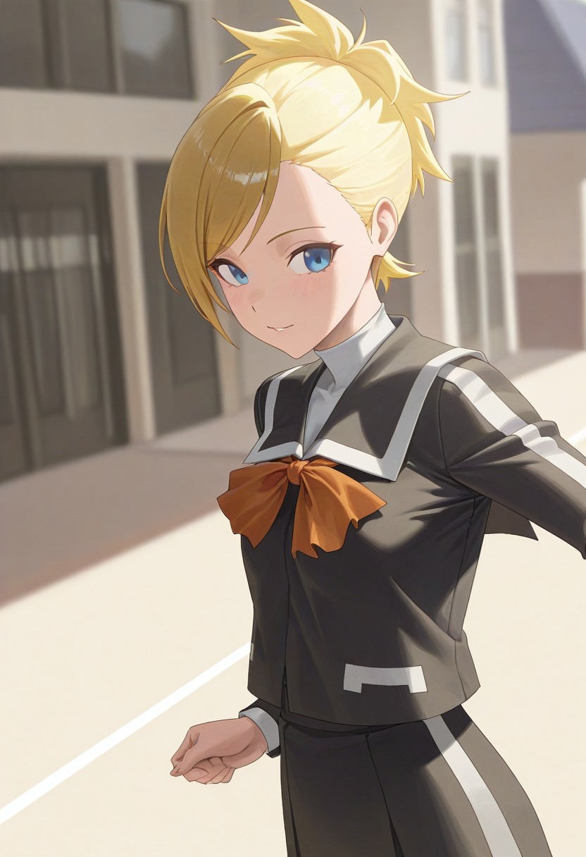 (best_quality, detailed, masterpiece, very_aesthetic, absurdres), general, m.q \(mqkyrie\), (zuharu:0.5)
BREAK
1girl, small breasts, upper_body, adult, ambient occlusion, ray tracing, shiny skin, blurry background, shadow
BREAK
l1s4p2, blonde hair, short hair, ponytail, blue eyes, black school uniform, long sleeves, orange ribbon, skirt, knee socks