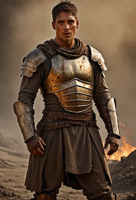 aidenperson, male focus, stubble <lora:aiden_hunk_sdxl_v1-000008:1>, gritty fantasy aesthetic, clad in a worn tunic and reinforced leather armor, dirt and ash streaking his clothing, standing tall in a scorched battlefield with glowing embers in the air, intense gaze, dramatic directional lighting, heroic posture, HDR, photo, award winning masterpiece, Complex Details Showing Unique and Enchanting Elements, Golden Ratio, Dramatic Lighting <lora:JuggerCineXL2:1> Movie Still, Film Still, Cinematic, Cinematic Shot, Cinematic Lighting