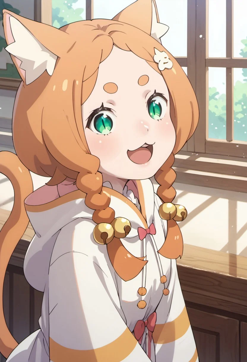 score_9, score_8_up, score_7_up, source_anime, mimi pearlbaton, animal ears, twin braids, bell hair ornament, cat ears, orange hair, green eyes, 1girl, tail, solo, braid, cat tail, bell, open mouth, hair ornament, cat girl, :3, smile, animal ear fluff