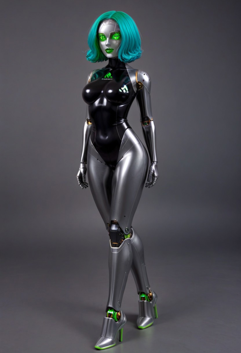 solo, A 35mm full length photo of  a beautiful 20 year old woman, she is a humanoid robot , robotic body, emerald green robotic eyes, freckles, smooth featureless silver grey robotic skin, robotic aerials, metallic dark blue hair, elegant black latex bodysuit with white trim
TheFaceLess