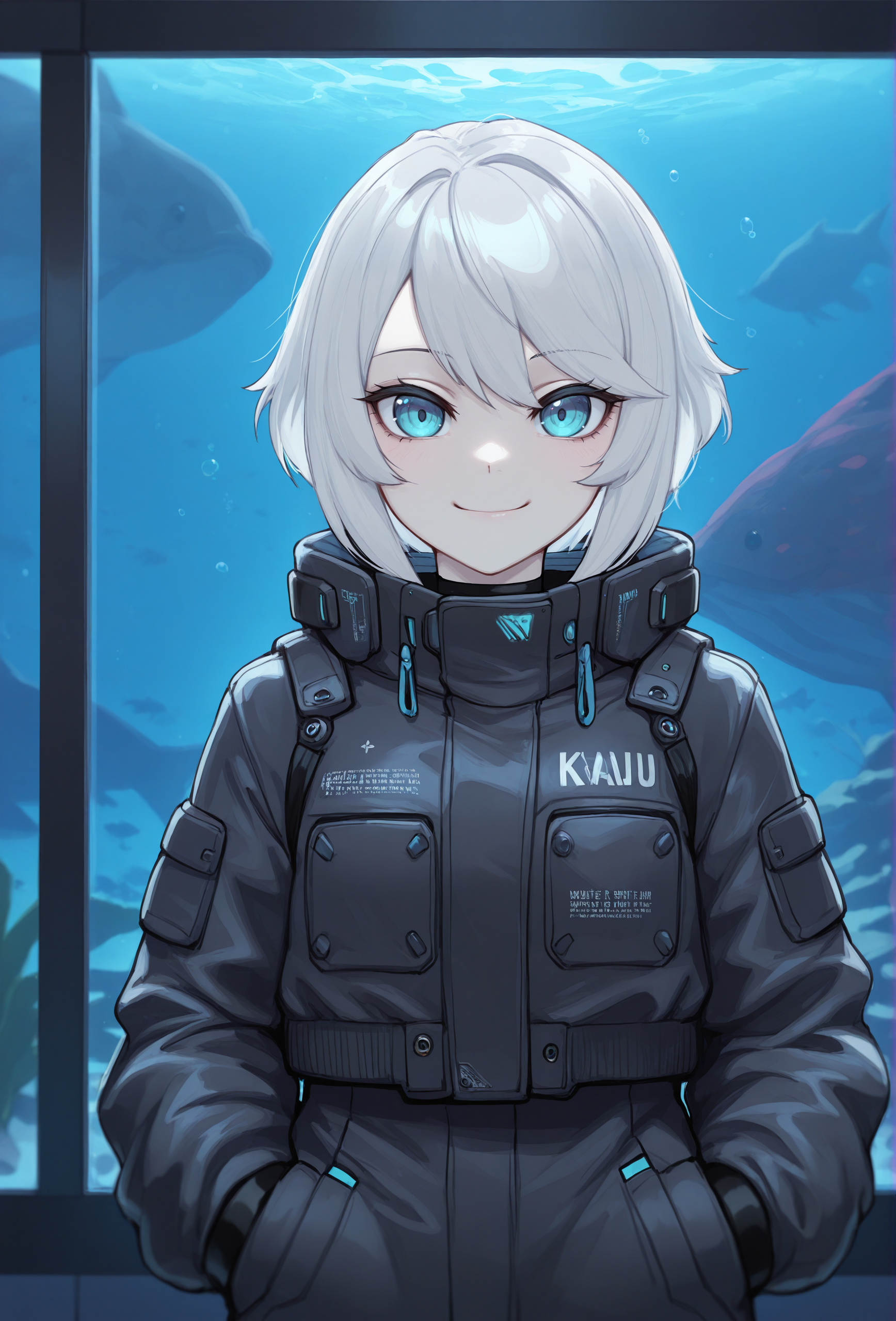 (masterpiece, best quality, very aesthetic, absurdres:1.2), 1girl, science fiction, aquarium, pale skin, white hair, straight-on, jacket, looking at viewer, smile, <lora:k-rha_style_illustrious_v1.2-locon:0.85> krhastyle, blue eyes
