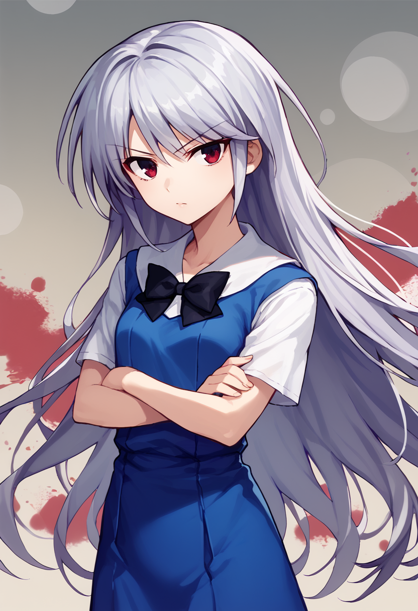 score_9,  score_7_up,   1girl, Kazuki, silver hair, long hair, red eyes, white shirt, blue dress, black bow,  crossed arms, looking at viewer, abstract background,   <lora:Kazuki Lora-000008:1>