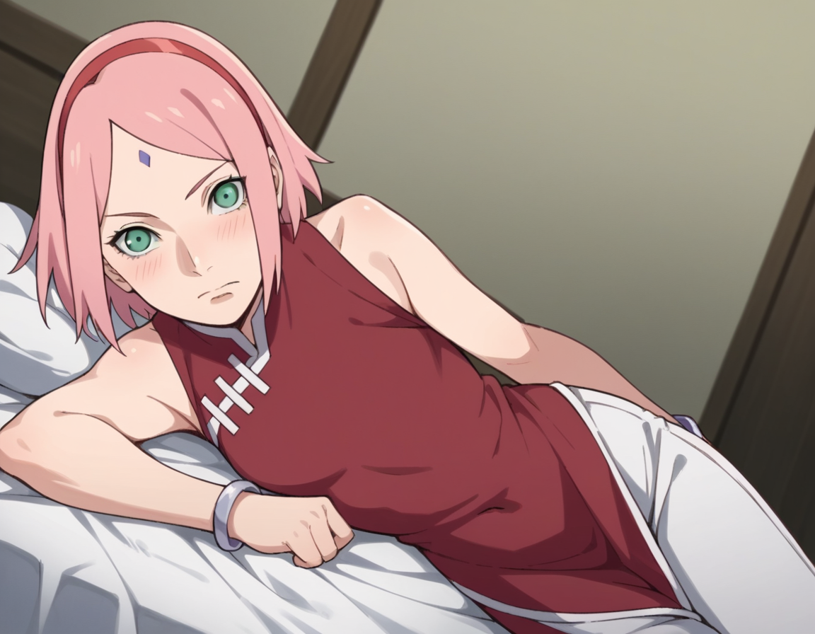 score_9, score_8_up, score_7_up, source_anime,
sakuraharuno, <lora:sakura-haruno-boruto-anime-ponyxl-lora-nochekaiser:1>,
sakura haruno, short hair, green eyes, pink hair, hairband, facial mark, forehead mark, red hairband,
navel, bare shoulders, jewelry, sleeveless, pants, bracelet, dress, red dress,
indoors, bed, bed room, on side, blush, drunk,
solo, dutch angle, looking at viewer, cowboy shot,