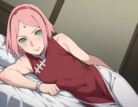 score_9, score_8_up, score_7_up, source_anime,
sakuraharuno, <lora:sakura-haruno-boruto-anime-ponyxl-lora-nochekaiser:1>,
sakura haruno, short hair, green eyes, pink hair, hairband, facial mark, forehead mark, red hairband,
navel, bare shoulders, jewelry, sleeveless, pants, bracelet, dress, red dress,
indoors, bed, bed room, on side, blush, drunk,
solo, dutch angle, looking at viewer, cowboy shot,