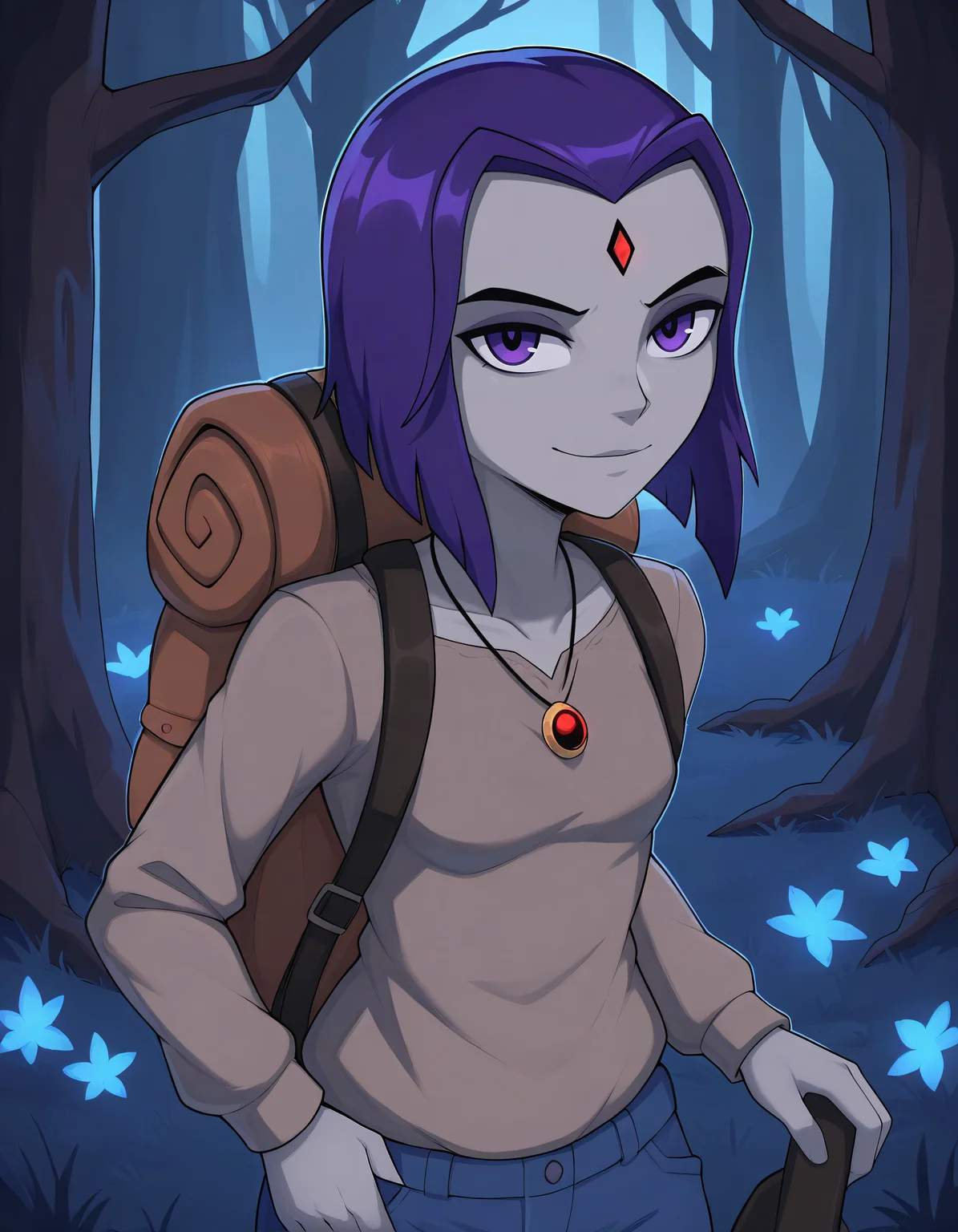 , ssssnowy, raven \(dc)\ raven, purple hair, purple eyes, grey skin, forehead jewel, colored skin, small breasts, short hair, white sclera, grey skin, shirt, blouse, Taupe Brown blouse, lace_trim, pants, jeans, hiking_boots, backpack, pendant,, 1girl, portrait, face focus, looking at viewer, smiling, closed mouth, forest, enchanted, glowing_flowers, fairy_ring, ancient_stones,,,