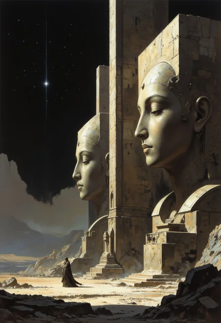 A high-quality, zoomed out, panoramic, atmospheric Sci-fi painting featuring two colossal, rectangular, monolithic ancient stone statues of serene faces under a starry night sky, placed next to each other in a row. The statues, with cracked, weathered textures, dominate the biggest part of the image enhancing the epic scale of those sky high structures. A small figure, robed in flowing garment stands in awe in front of them. The lighting is dramatic, highlighting the statues' features. The overall aesthetic quality is very high, blending realism with fantasy. The lighting is dramatic enhancing the enigmatic scene and the eerie in mysterious haze drenched atmosphere. Ivory, grey and light brown hues. Finest details, ultimate detail level, masterpiece, highly artistic, best composition.